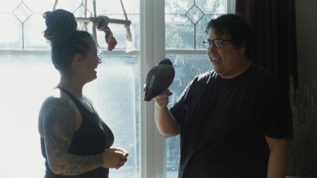 Un homme qui tient un oiseau sourit à une femme.