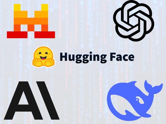 Logos from several AI services on a background of faded code.