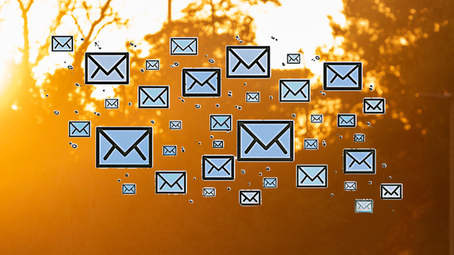 emails floating in front of sunset