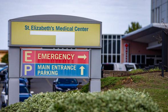 The St. Elizabeth’s Medical Center sign in front of the emergency room entrance with any reference to Steward Health Care covered up. (Jesse Costa/WBUR)