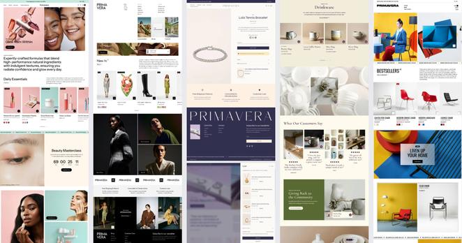 Five different looks for the same Shopify theme for different industries. From left to right, a bright pastel beauty store, a black and white minimalist fashion store, an elegant purple and cream jewellry store, an earthy and organic ceramics store, and a bright primary color, brutalist-inspired furniture store.