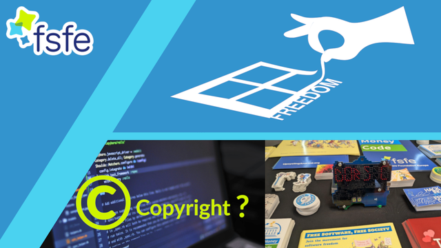 Collage of pictures: an illustration of a hand removing a sticker that looks like the Windows logo. Behind it, you can see the word freedom; an image of a computer with some lines of code and the word copyright on top with a question mark; and a picture with info material from the FSFE from stickers to postcards to posters.