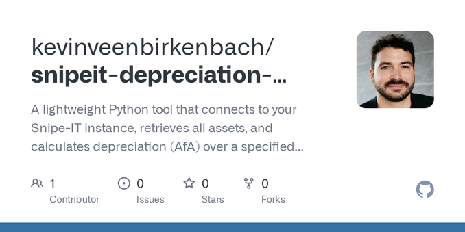 A lightweight Python tool that connects to your Snipe-IT instance, retrieves all assets, and calculates depreciation (AfA) over a specified date range. It outputs a CSV summary and, if requested, g...