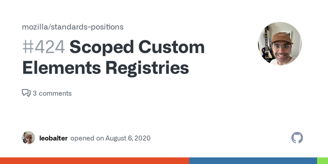Request for Mozilla Position on an Emerging Web Specification Specification Title: Scoped Custom Elements Registries Specification or proposal URL: https://github.com/WICG/webcomponents/blob/gh-pag...