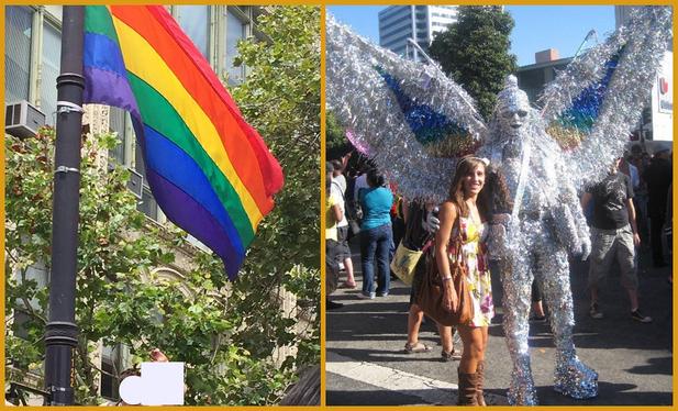 Photo on left: rainbow flag hanging in front of green shrubbery. Photo on right: a woman in a white flowered dress standing next to a shimmery silver creature at a Pride Celebration.