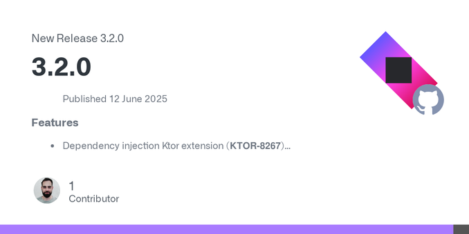 Published 12 June 2025

Features

Dependency injection Ktor extension (KTOR-8267)
Support Version Catalog (KTOR-8162)
Unix domain socket support at the Ktor Engine level (KTOR-4766)
Allow suspend K...