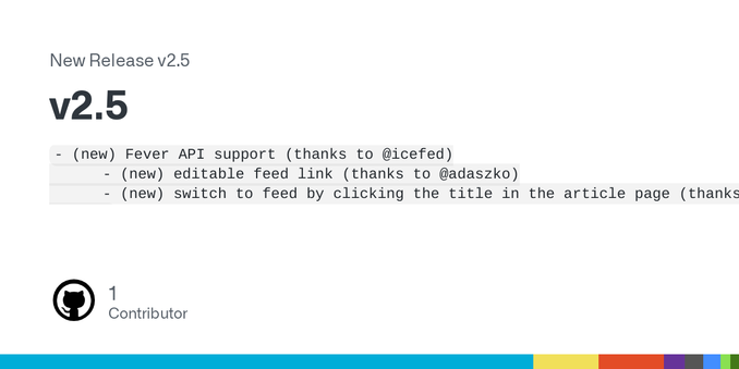 - (new) Fever API support (thanks to @icefed)
- (new) editable feed link (thanks to @adaszko)
- (new) switch to feed by clicking the title in the article page (thanks to @tarasglek for suggestion)
...