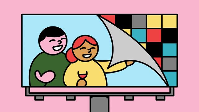 A billboard showing an ad with two humans peels back to reveal a grid of colorful tiles, symbolizing AI