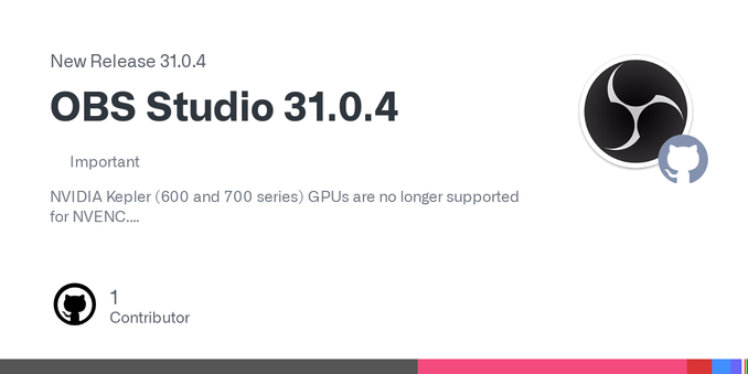 ImportantNVIDIA Kepler (600 and 700 series) GPUs are no longer supported for NVENC.

NoteNVIDIA users may need to update their GPU drivers to 551.76 (Windows) / 550.54.14 (Linux) or newer.

Importa...