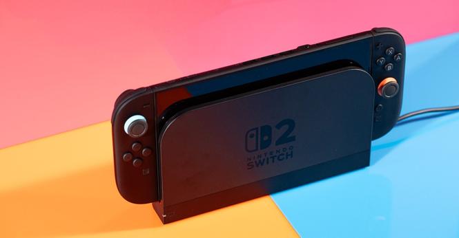 A photo of a Nintendo Switch 2 in its dock.