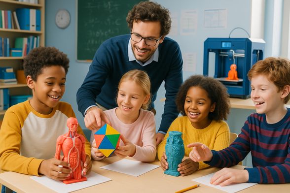 Students exploring custom 3D-printed models in a modern classroom setting. Students exploring custom 3D-printed models in a modern classroom setting.
