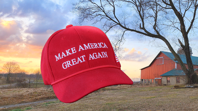 Photo of author’s century barn overlayed with an image of a MAGA ball cap