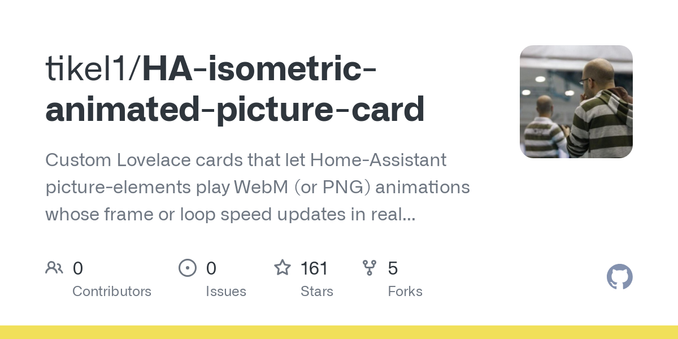 Custom Lovelace cards that let Home-Assistant picture-elements play WebM (or PNG) animations whose frame or loop speed updates in real time from any entity state. Including an AI workflow that turn...
