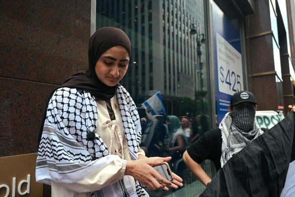 Hadeeqa Arzoo Malik prepares to speak on June 8 at CUNY4Palestine’s press conference and rally to address repression across CUNY. (Photo: Jude Seminara / @judesies)