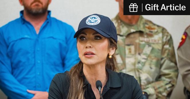 Homeland Security Secretary Kristi Noem at a news conference in Kerrville, Texas, on Saturday. Ms. Noem did not renew a contract to staff call center workers until Thursday.