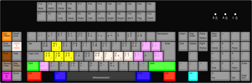 A 122+ key keyboard with a very unique, modified ISO-QWERTZ layout and Inverse-T-Nav with an additional button below it.