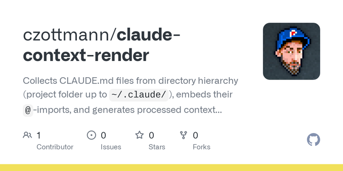 Collects CLAUDE.md files from directory hierarchy (project folder up to `~/.claude/`), embeds their `@`-imports, and generates processed context files with resolved imports that can then be used as...