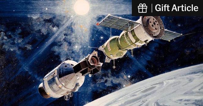 A 1973 artist’s concept of the Apollo-Soyuz Test Project, with the Apollo spacecraft at left and the Soyuz spacecraft at right.