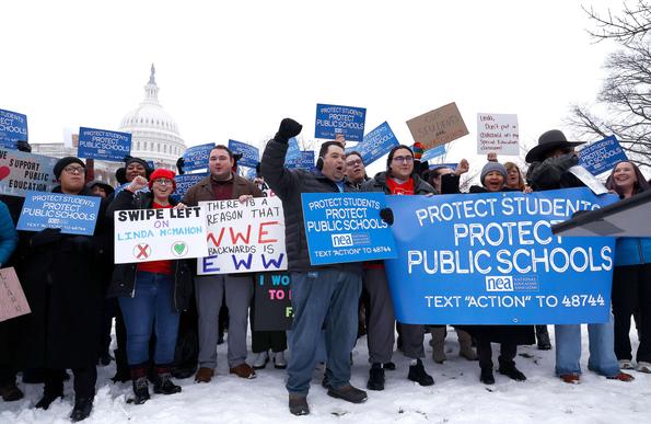 Parents, educators, community leaders, and elected officials attend a rally outside the U.S. Capitol to defend public education ahead of Secretary of Education nominee Linda McMahon’s confirmation hearing on February 12, 2025, in Washington, D.C.