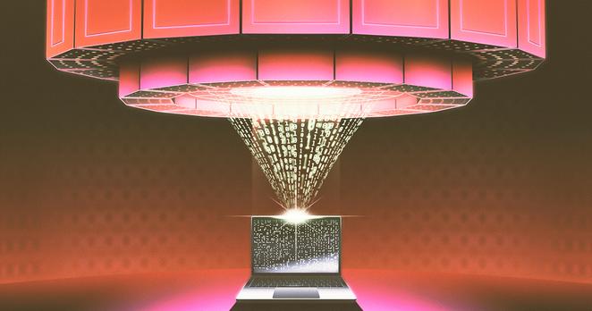 Stylized digital artwork illustrating the concept of knowledge distillation in artificial intelligence. A big futuristic machine representing a large teacher model beams streams of binary code downward into an open laptop below, symbolizing a smaller student model receiving knowledge.