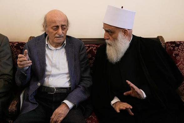 Walid Jumblatt, the political leader of Lebanon's minority Druze sect, speaks with Sheikh Sami Abi al-Muna, the spiritual leader of Druze in Lebanon, in Beirut, Friday, July 18, 2025 (AP)