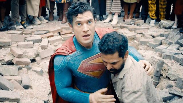 Still from James Gunn's "Superman" showing Metropolis falafel vendor, Malik Ali, helping Superman during his fight with the villain, the "Hammer of Boravia."