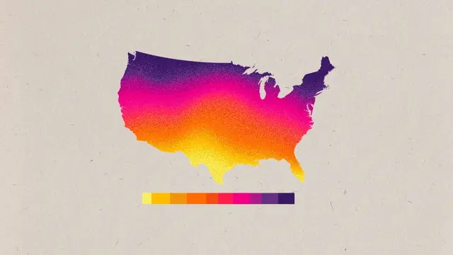 Colorful gradient map of the United States showing climate variation across regions, with a horizontal color scale beneath indicating temperature or intensity levels.