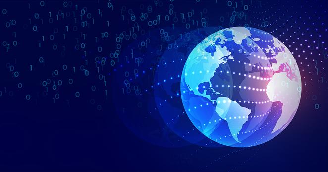 iluminção sobre o planeta terra do lado direito da imagem, sob numeros binários