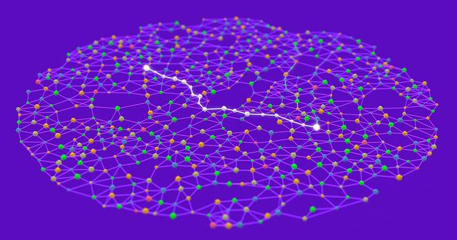 A still from a video of nodes being connected by a white line