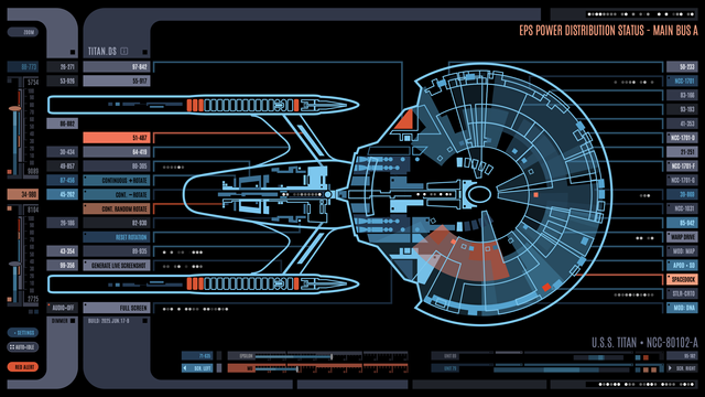 star trek LCARS-style website displaying the USS titan and a bunch of buttons and panels; heading "EPS power distribution status - main bus A"