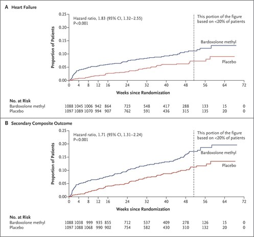 Figure 2. Kaplan–Meier Plots of the Time to the First Event of the Discrete Secondary Outcomes.
Panel A shows the time to the first event of heart failure, defined as death due to heart failure or hospitalization for heart failure, among patients in the bardoxolone methyl group and those in the placebo group. Panel B shows the time to the first event of the secondary composite outcome (nonfatal myocardial infarction, nonfatal stroke, hospitalization for heart failure, or death from cardiovascular causes) in the two study groups. The first event was nonfatal myocardial infarction in 17 patients in the bardoxolone methyl group and 11 in the placebo group, nonfatal stroke in 12 patients in the bardoxolone methyl group and 8 in the placebo group, hospitalization for heart failure in 91 patients in the bardoxolone methyl group and 54 in the placebo group, and death from cardiovascular causes in 19 patients in the bardoxolone methyl group and 13 in the placebo group.