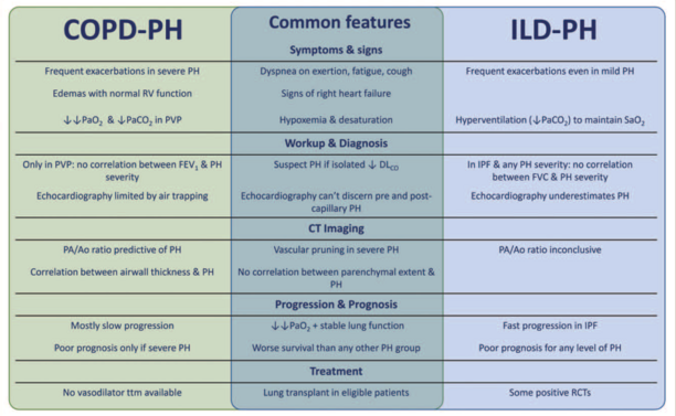 A figure summarising the clinical similarities and differences between PH in COPD and ILD