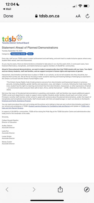 Statement from TDSB supporting 2SLGBTQ youth