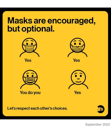 Yellow MTA sign with people wearing masks, wearing masks incorrectly, or wearing no mask at all. Text reads: Masks are encouraged, but optional. Under someone wearing a mask incorrectly, text reads: You do you