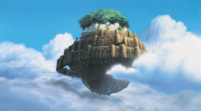Castle in the Sky (Japanese: 天空の城ラピュタ, Hepburn: Tenkū no Shiro Rapyuta), also known as Laputa: Castle in the Sky, is a 1986 Japanese animated fantasy adventure film written and directed by Hayao Miyazaki. It was produced by Isao Takahata, animated by Studio Ghibli, and distributed by the Toei Company. In voice acting roles, the original Japanese version stars Mayumi Tanaka, Keiko Yokozawa, Kotoe Hatsui, and Minori Terada. The film follows orphans Sheeta and Pazu, who are chased by government agent Muska, the army, and a group of pirates over Sheeta's crystal necklace on their way to Laputa, a mythical castle flying in the sky. 

An airship carrying Sheeta – an orphan girl abducted by government agent Muska – is attacked by air pirate Dola and her gang, who seek Sheeta's crystal necklace. Attempting to escape, Sheeta falls from the airship but is saved by the magic of the now-glowing crystal, which lowers her gently. She is caught by Pazu, an orphan who works as a mechanic in a mining town, and he takes her to his home to recover. The next morning, Pazu shows Sheeta a picture his father took of Laputa, a mythical castle on a flying island, which Pazu now seeks. However, Dola's gang and Muska's soldiers arrive looking for Sheeta. After a chase through the village, Pazu and Sheeta fall into a mine shaft, but are saved again by the crystal. In the tunnels, they meet Uncle Pom, who shows them deposits of the glowing mineral Aetherium, the same material as Sheeta's crystal.

