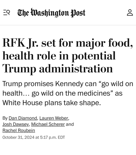 RFK Jr. set for major food, health role in potential Trump administration
Trump promises Kennedy can “go wild on health… go wild on the medicines” as White House plans take shape.