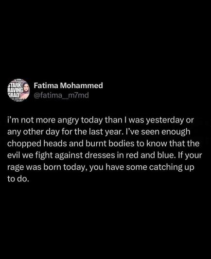 
Fatima Mohammed @fatima_m7md posted:
i'm not more angry today than I was yesterday or
any other day for the last year. I've seen enough
chopped heads and burnt bodies to know that the
evil we fight against dresses in red and blue. If your rage was born today, you have some catching up to do.