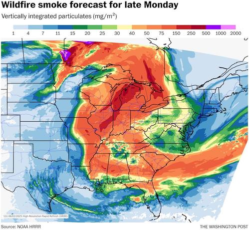 Map showing where smoke from Canadian wildfires will spread into the U.S. on Monday June 2nd. Smoke is predicted to spread as far south as the coastal Southeast U.S.