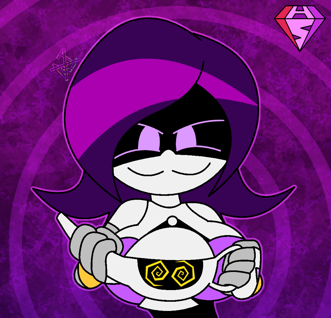 Uzi as a genie holding N as a hypnotized lamp, a satisfied smirk on her face