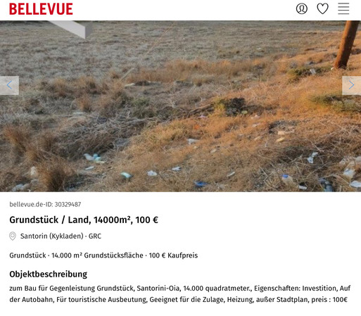 Ein trockenes, braunes Grundstück mit etwas Müll und Büschen, das in einer Anzeige für 14.000 Quadratmeter Land auf Santorini für 100 Euro angeboten wird.