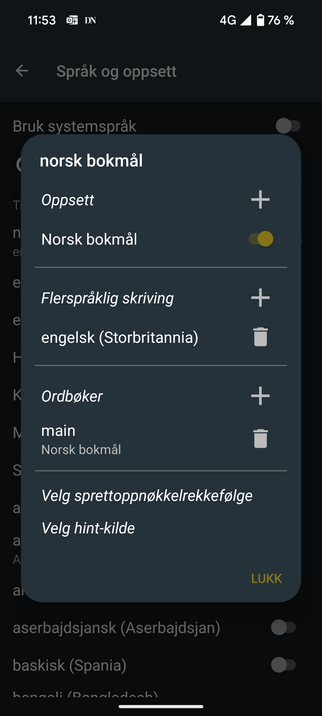 Språkvalg for ordbok dialog.