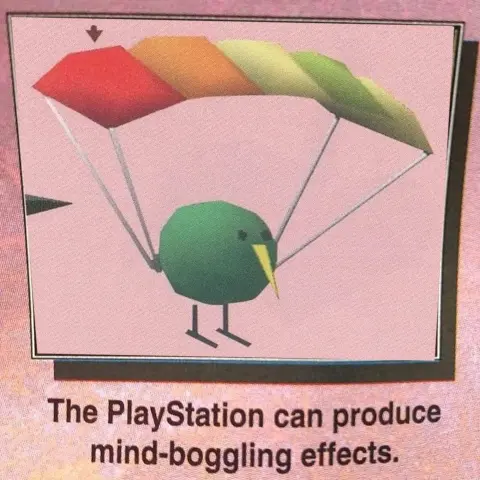 a scan from an old magazine showing an image of a  rudimentary low-poly ball-shaped bird parachuting. Beneath the image is the caption : The Playstation can produce mind-boggling effects