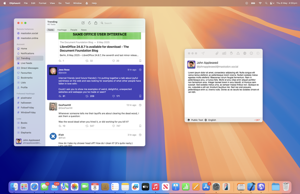 Screenshot of a macOS desktop showing an app named “Oliphaunt,” a Mastodon client. The main window displays the “Trending” feed, including posts (toots) from users. On the left sidebar are navigation items like Home, Notifications, Trending, Live Feeds and Direct Messages. Two remote instances, mastodon.social and mastodon.online, are listed at the top. On the right, a separate window shows the compose view for a new toot by a user named John Appleseed, with placeholder text in the editor. The app runs on macOS with a Sequoia-style wallpaper and dock icons visible at the bottom. The menu bar shows it is Thursday, 8 May at 4:59 pm.