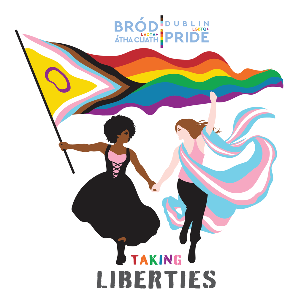logo of Dublin Pride 2025. 2 women holding hands and a large progress pride flag. one is black the other is draped in a trans coloured dress. logo of Dublin Pride 2025. 2 women holding hands and a large progress pride flag. one is black the other is draped in a trans coloured dress.