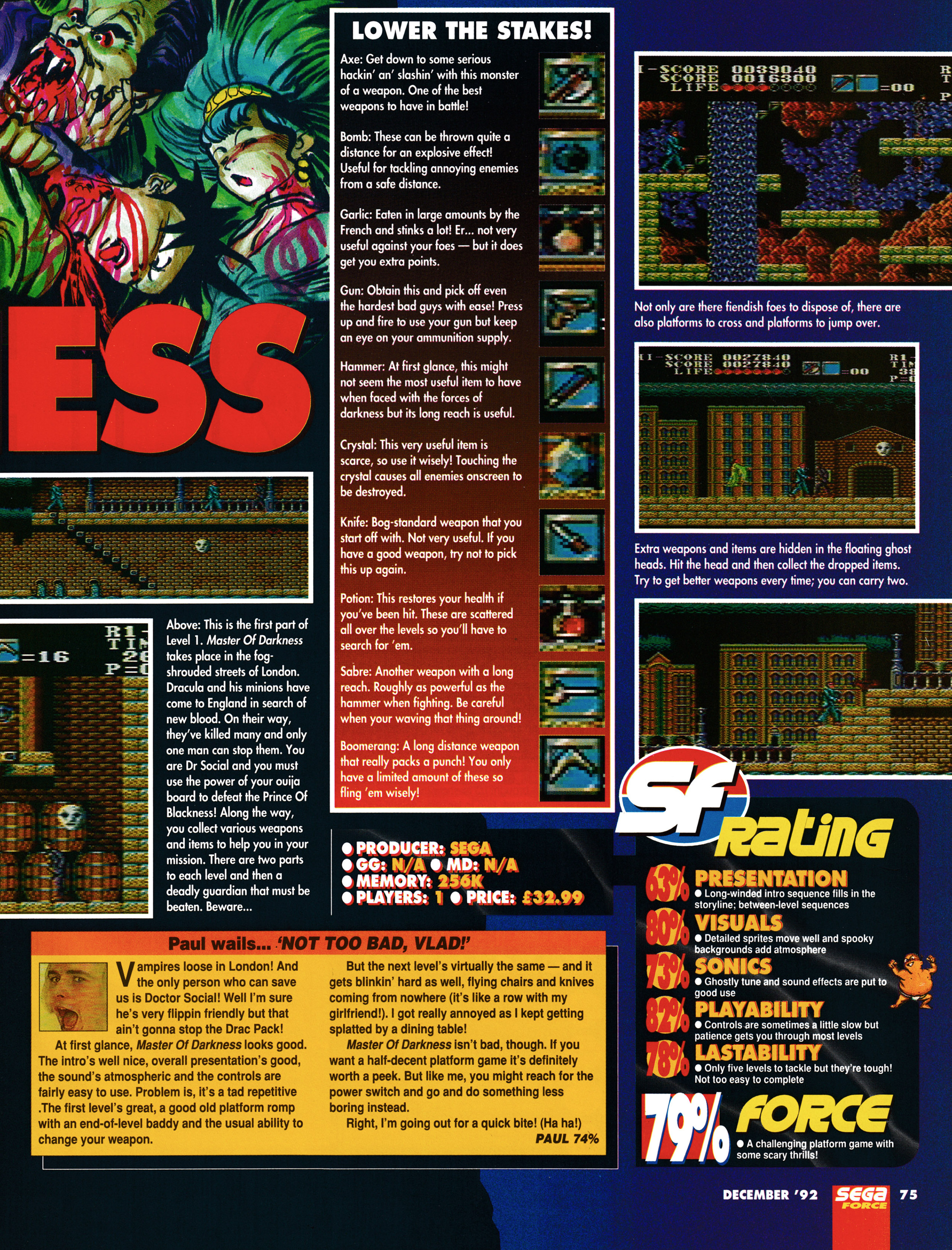 Review for Master of Darkness on Sega Master System. Taken from Sega Force 12 - December 1992 (UK)  score: 79%