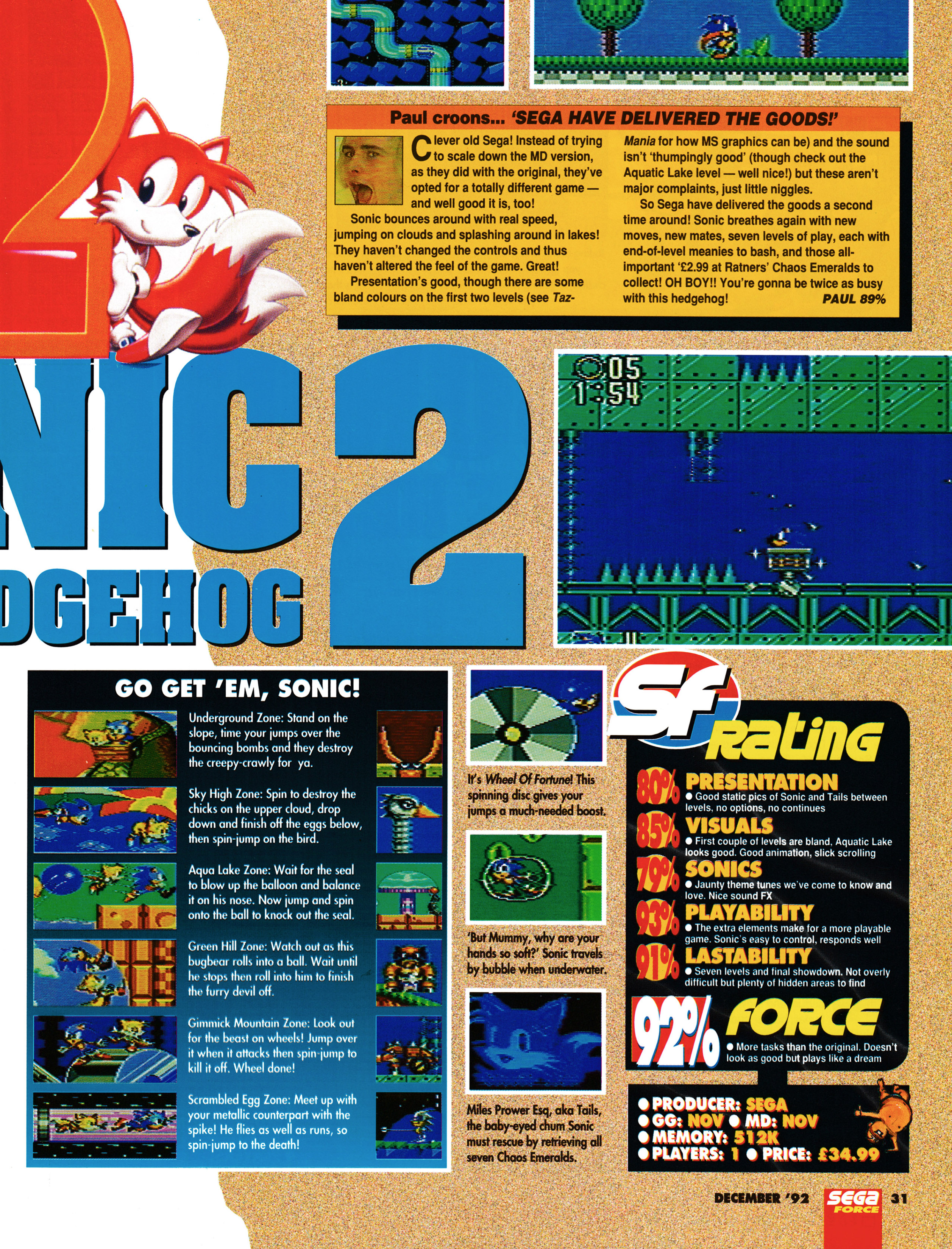 Review for Sonic the Hedgehog 2 on Sega Master System. Taken from Sega Force 12 - December 1992 (UK)  score: 92%