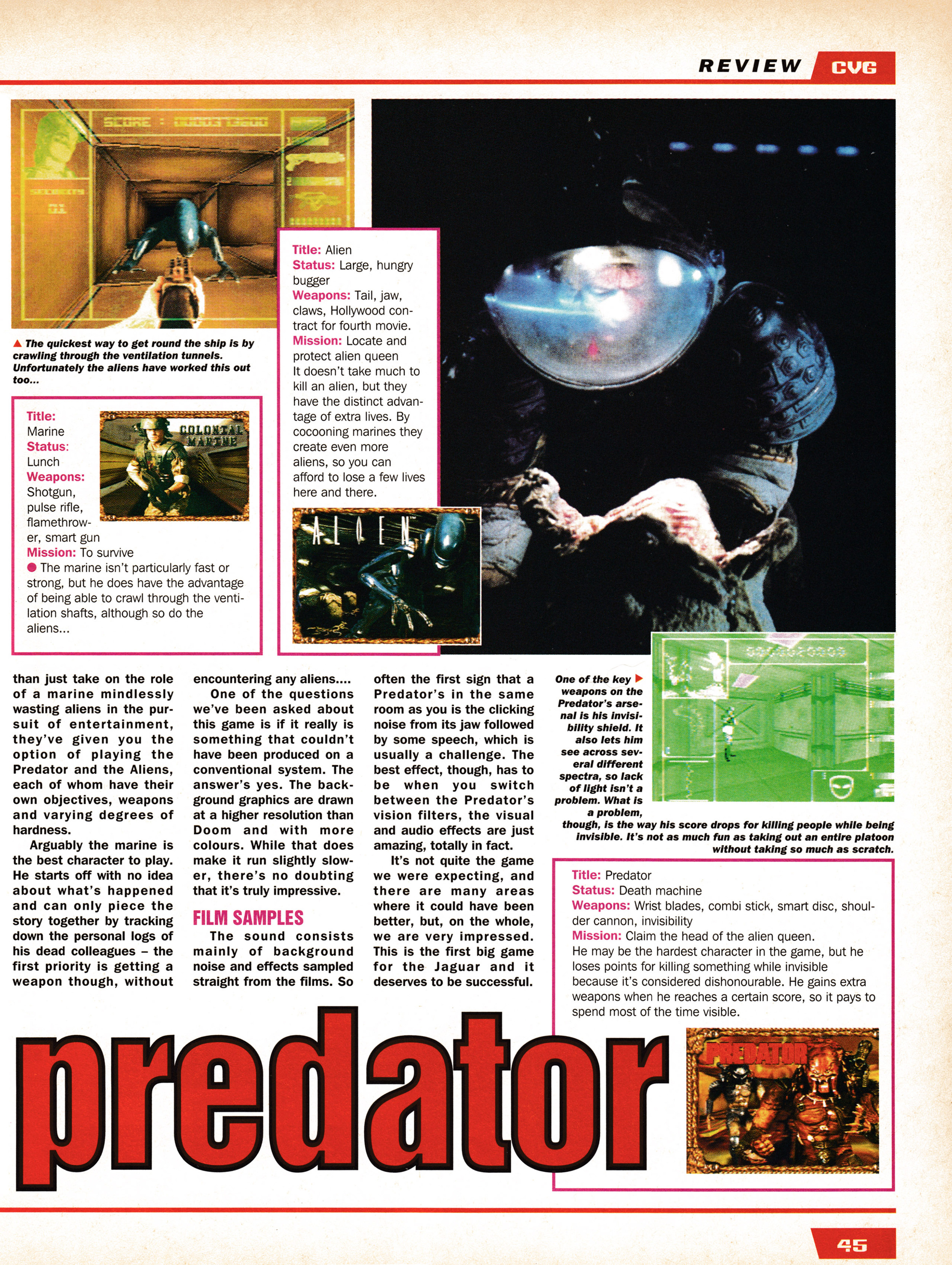 The review for Alien vs Predator on Atari Jaguar. Taken from CVG 156 - November 1994 (UK)   score: 90%