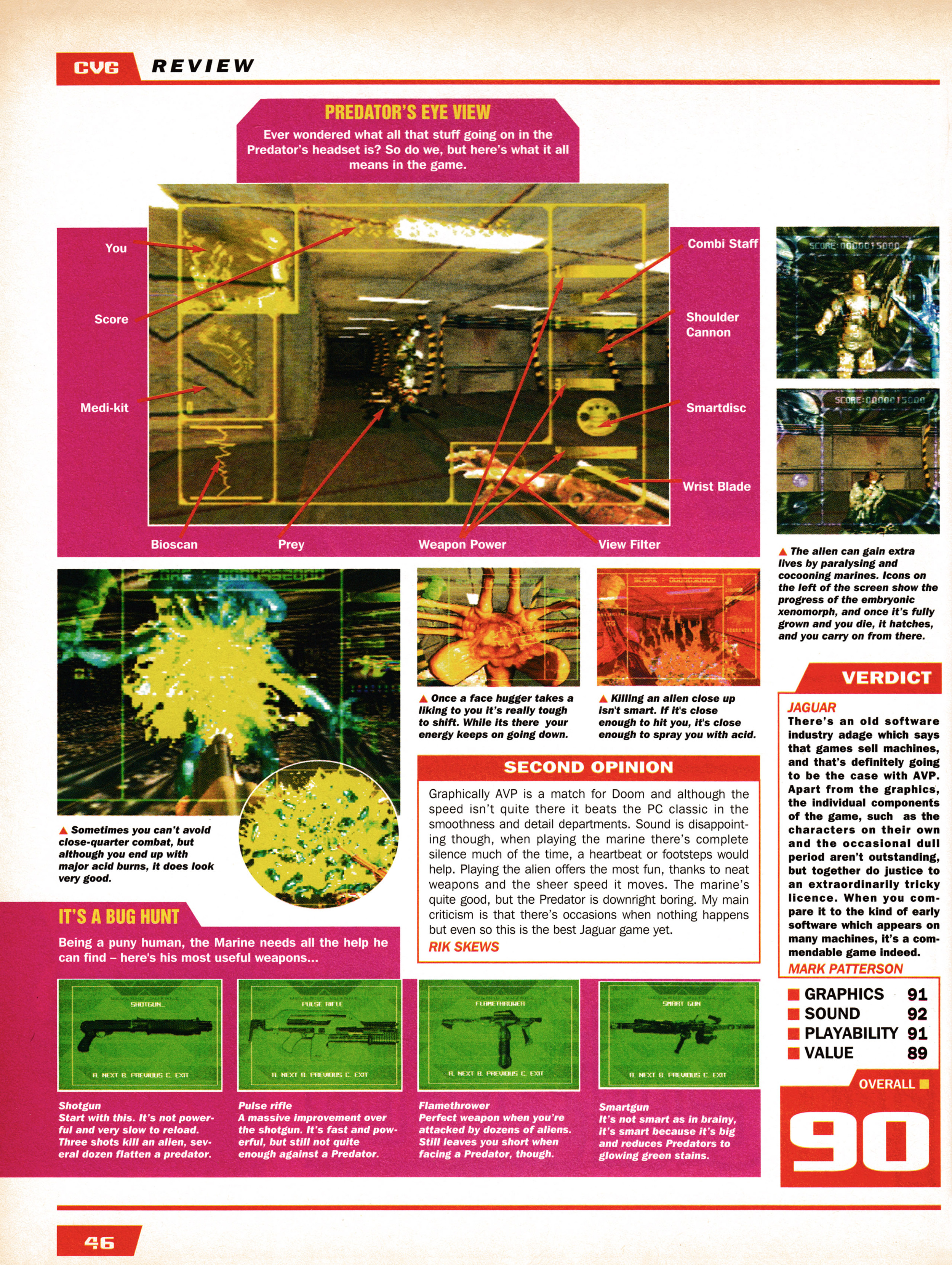 The review for Alien vs Predator on Atari Jaguar. Taken from CVG 156 - November 1994 (UK)   score: 90%