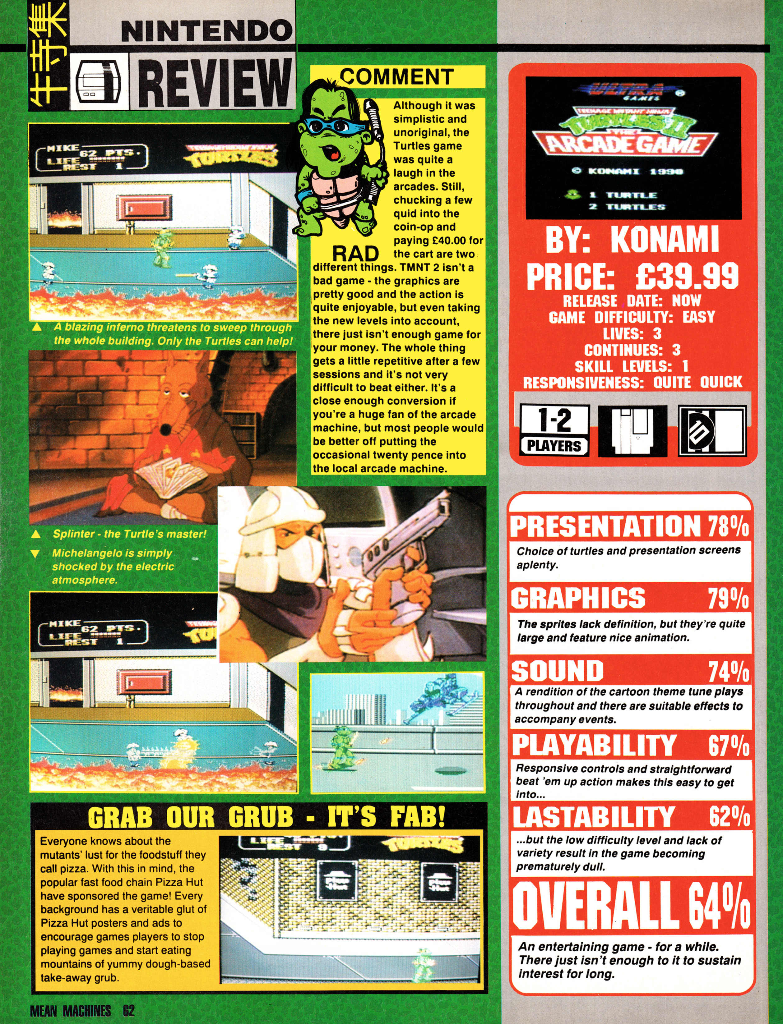 Review for Teenage Mutant Hero Turtles The Arcade Game on NES. Taken from Mean Machines 18 - March 1992 (UK)  score: 64%