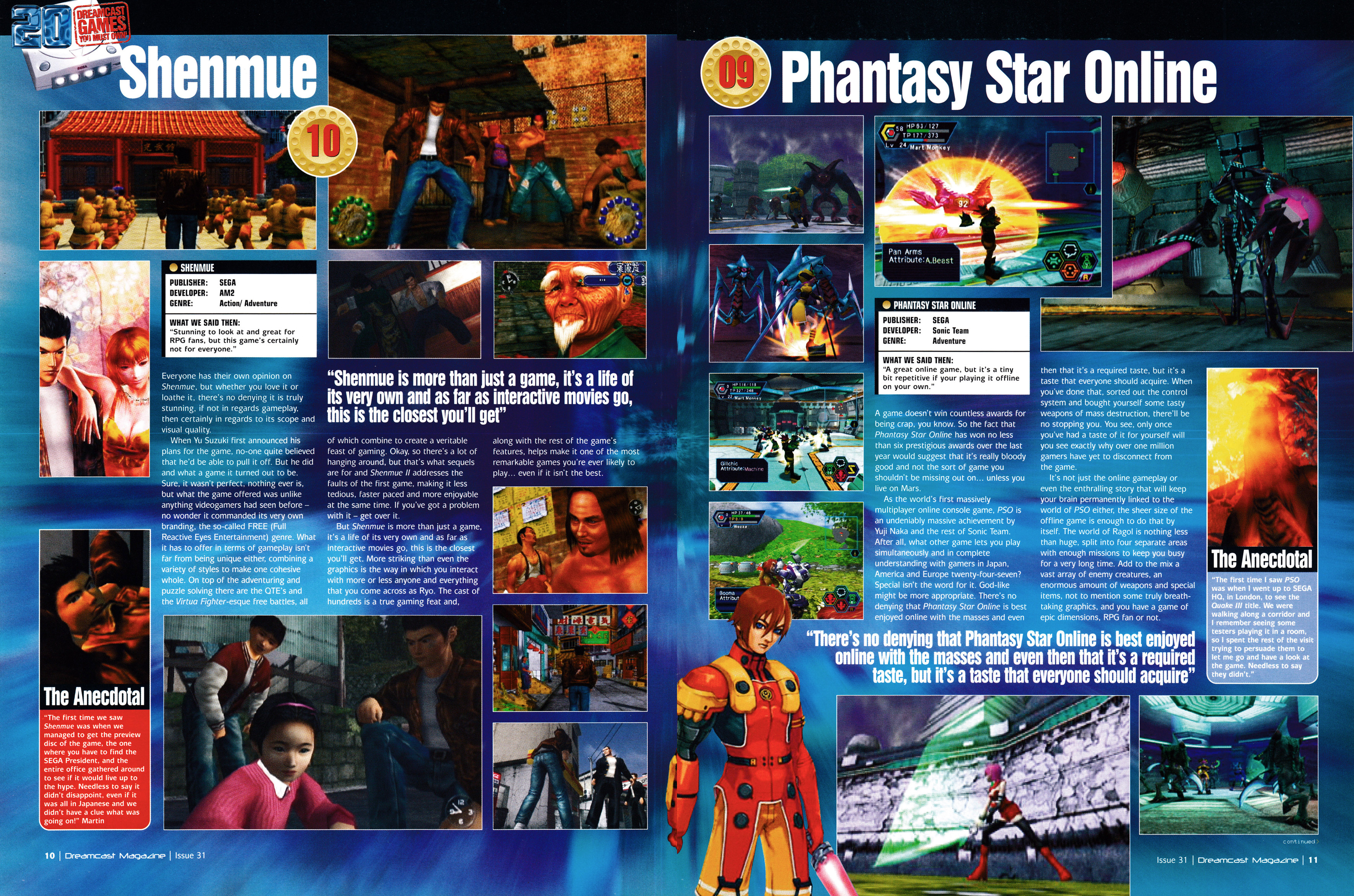 Massive 16-page feature titled: 20 Dreamcast Games You Must Own! Taken from Dreamcast Magazine 31 - January 2001 (UK)